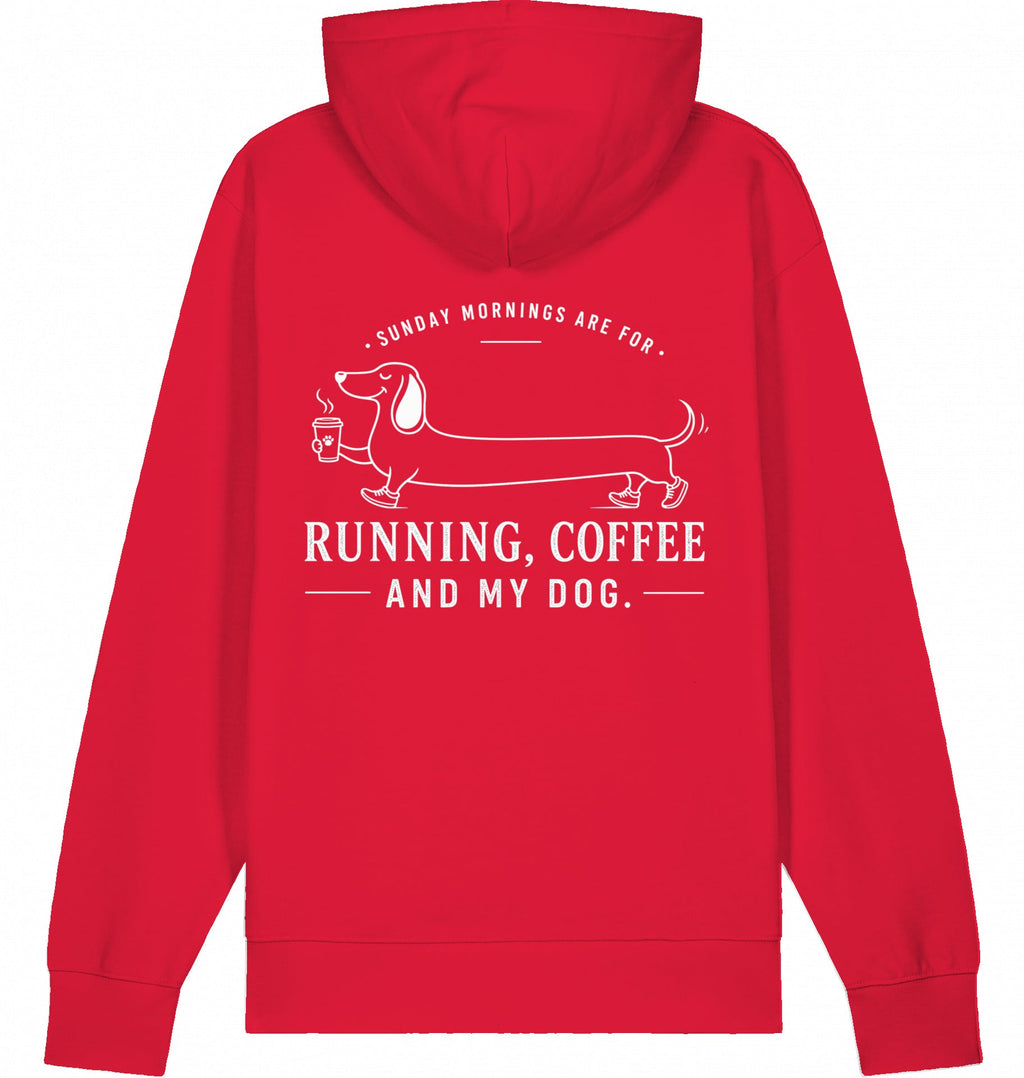 DOGS. COFFEE. RUNNING Hoodie – Organic Trail Running Hoodie (White Print) - Flat Mockup