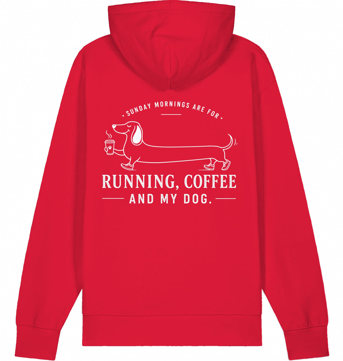 DOGS. COFFEE. RUNNING Hoodie – Organic Trail Running Hoodie (White Print) - Flat Mockup