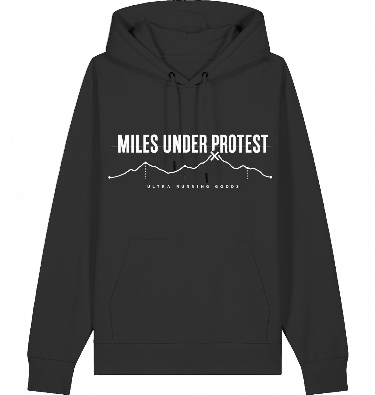 MILES UNDER PROTEST Organic Trail Running Hoodie – White Print - Flat Mockup