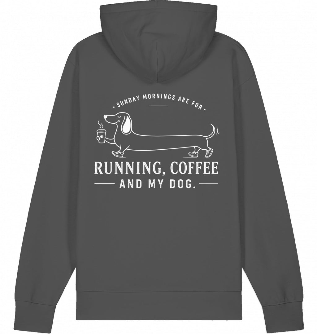 DOGS. COFFEE. RUNNING Hoodie – Organic Trail Running Hoodie (White Print) - Flat Mockup