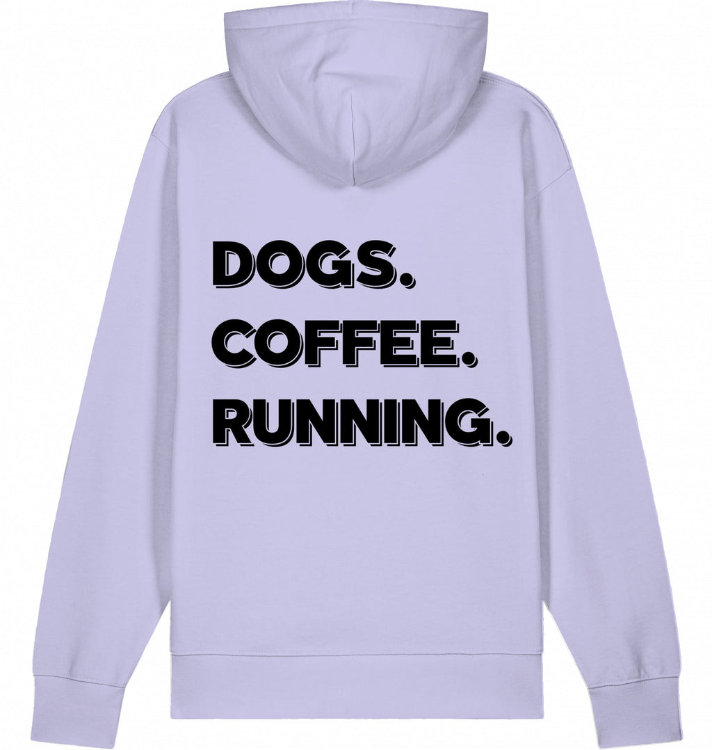 DOGS. COFFEE. RUNNING Hoodie – Organic Trail Running Hoodie (Black Print) - Flat Mockup