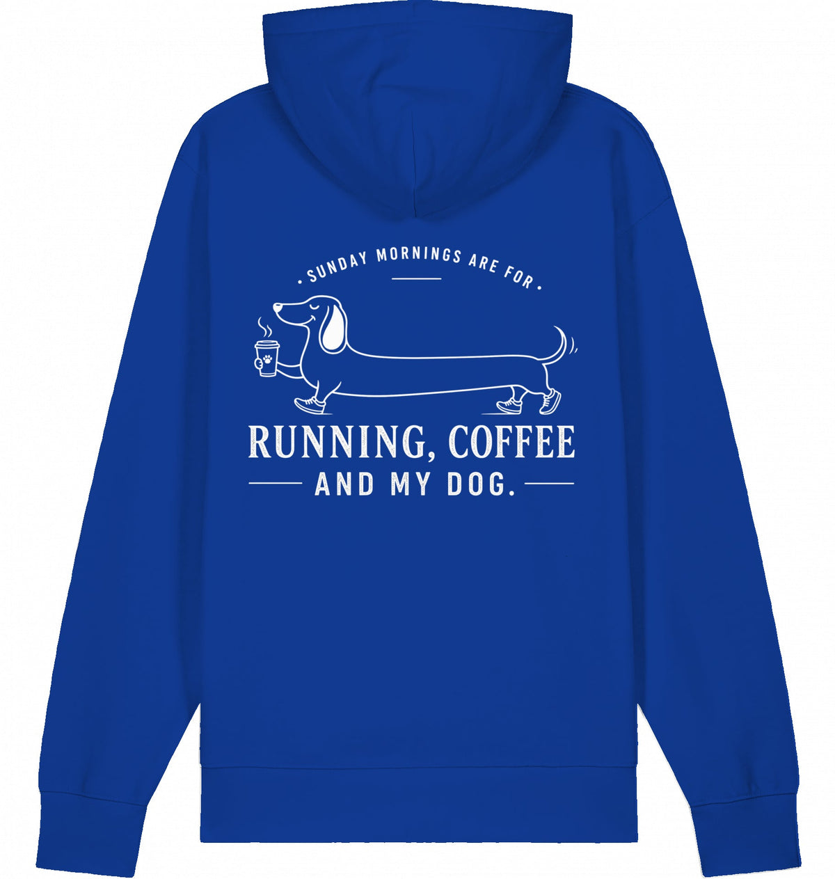 DOGS. COFFEE. RUNNING Hoodie – Organic Trail Running Hoodie (White Print) - Flat Mockup
