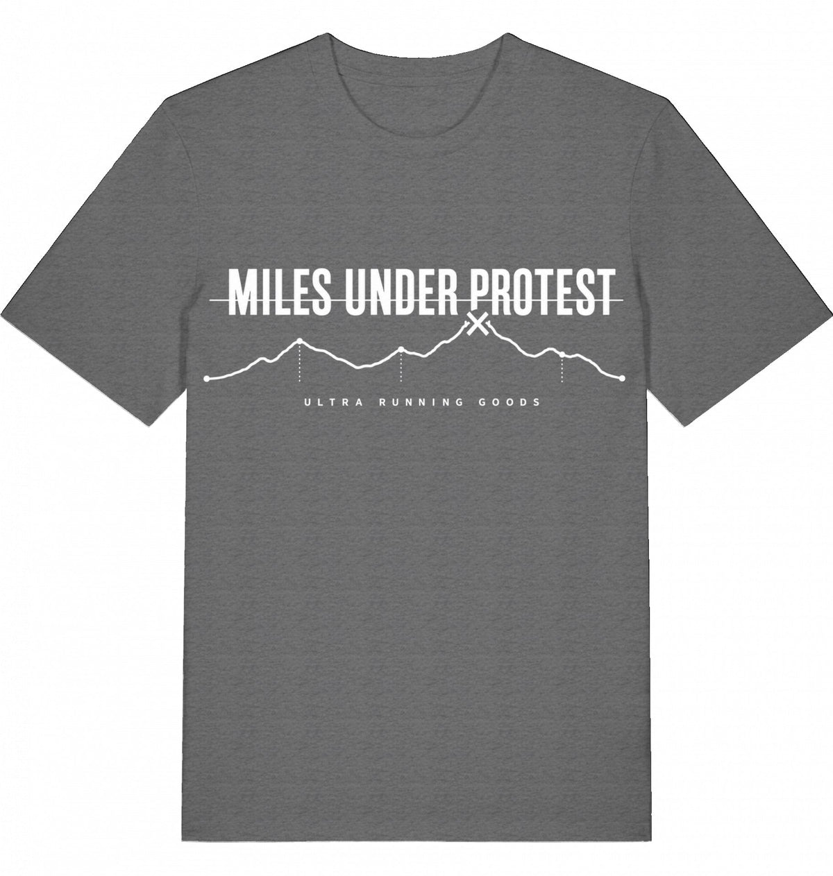 MILES UNDER PROTEST Tee – Organic Trail Running T-Shirt (White Print) - Flat Mockup