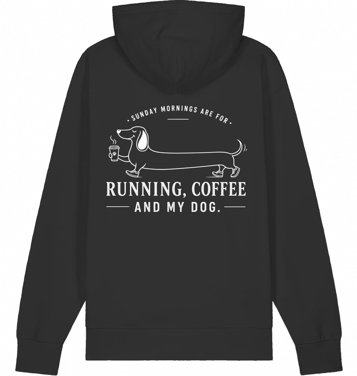 DOGS. COFFEE. RUNNING Hoodie – Organic Trail Running Hoodie (White Print) - Flat Mockup