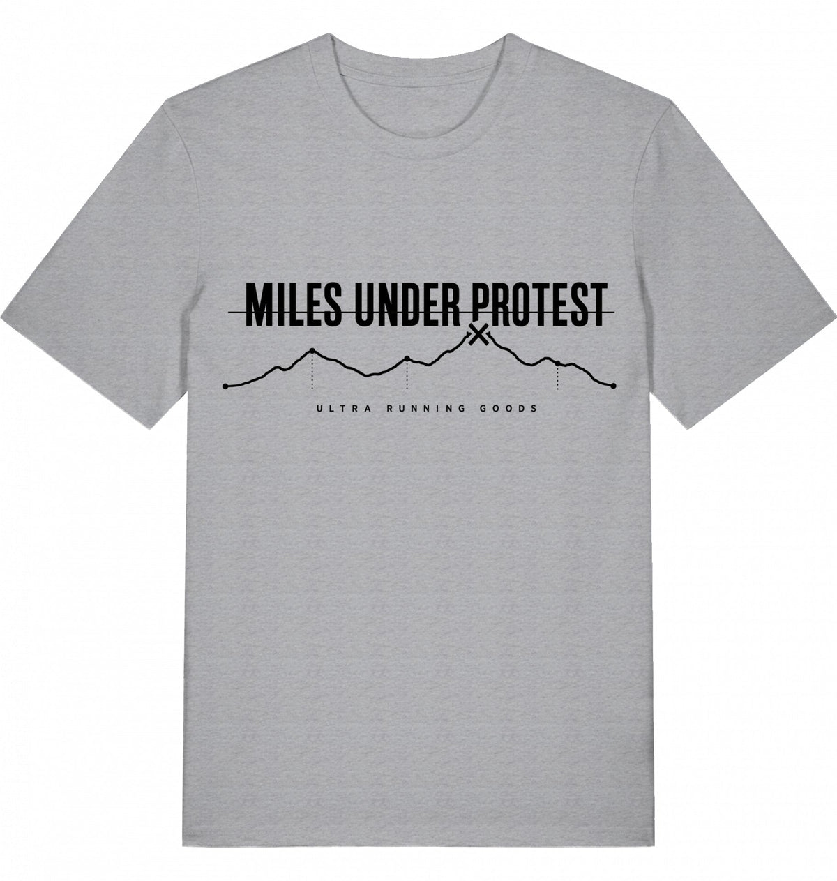 MILES UNDER PROTEST Tee – Organic Trail Running T-Shirt (Black Print) - Flat Mockup