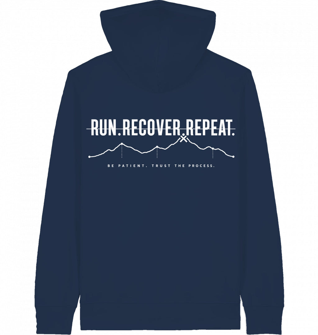 RUN RECOVER REPEAT Organic Zip Hoodie (White Print) - Flat Mockup
