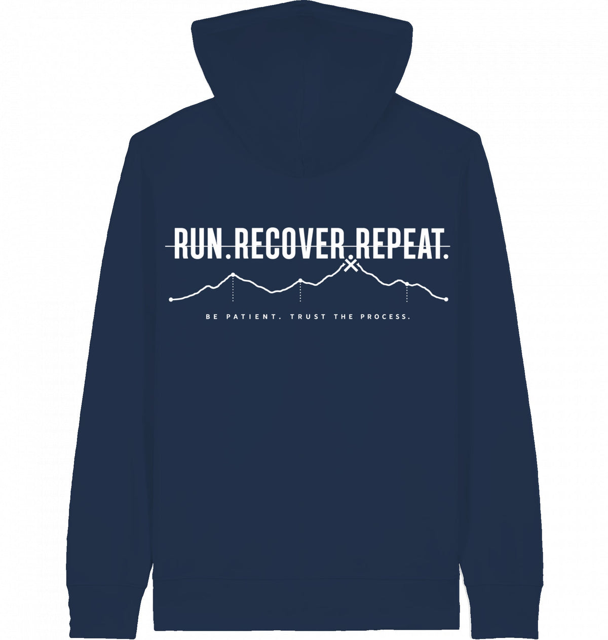 RUN RECOVER REPEAT Organic Zip Hoodie (White Print) - Flat Mockup