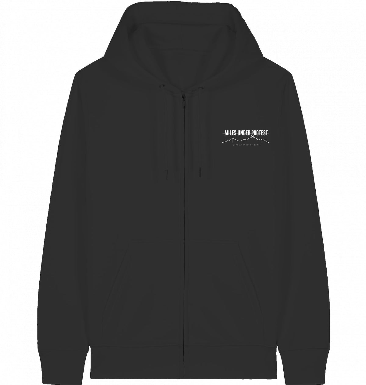 MILES UNDER PROTEST - 'Kontrolliert Gestorben' Organic Zip Hoodie (White Print) - Flat Mockup