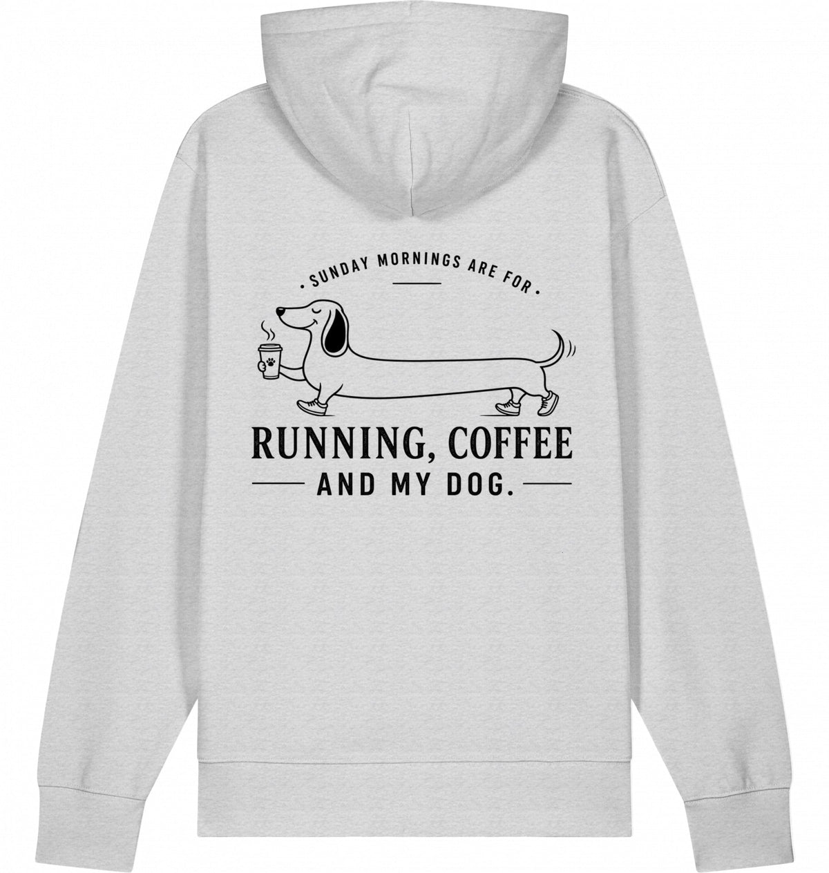 DOGS. COFFEE. RUNNING Hoodie – Organic Trail Running Hoodie (Black Print) - Flat Mockup