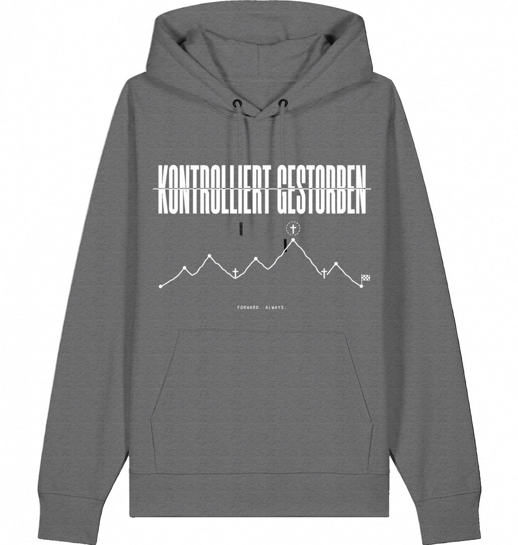 KONTROLLIERT GESTORBEN Organic Trail Running Hoodie - White Print - Flat Mockup