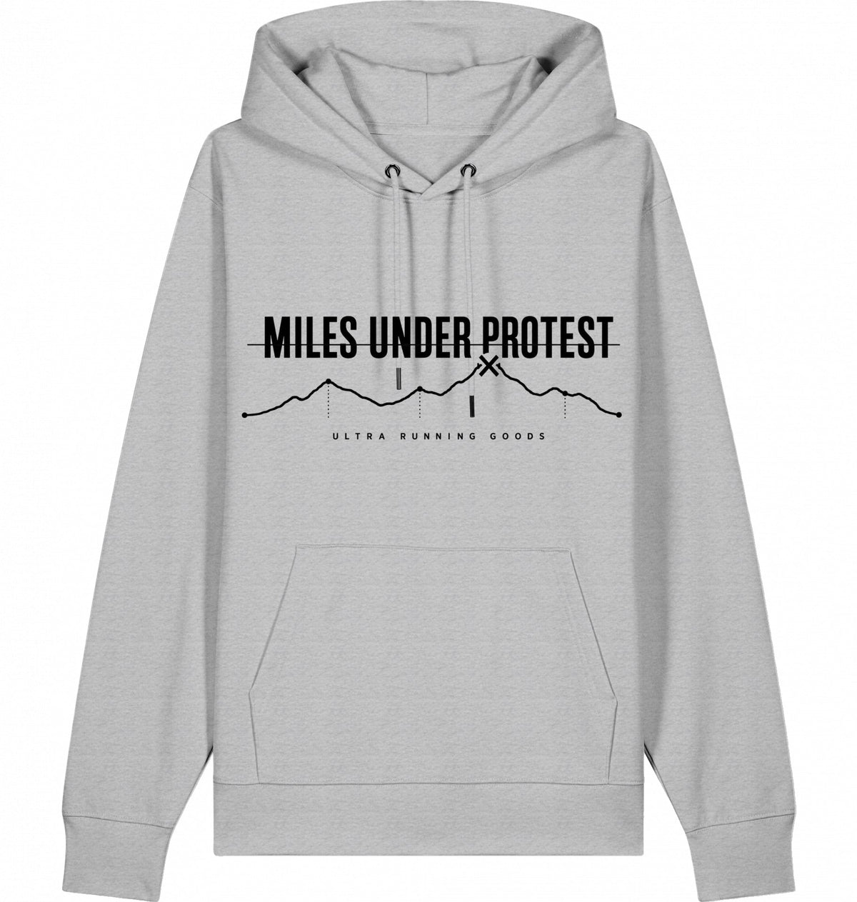 MILES UNDER PROTEST Hoodie – Organic Trail Running Hoodie (Black Print) - Flat Mockup