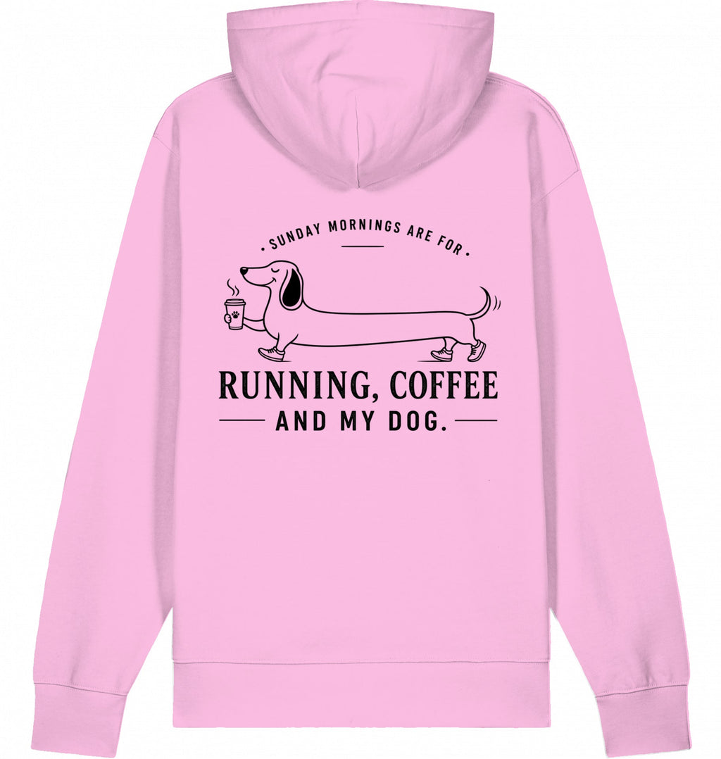 DOGS. COFFEE. RUNNING Hoodie – Organic Trail Running Hoodie (Black Print) - Flat Mockup