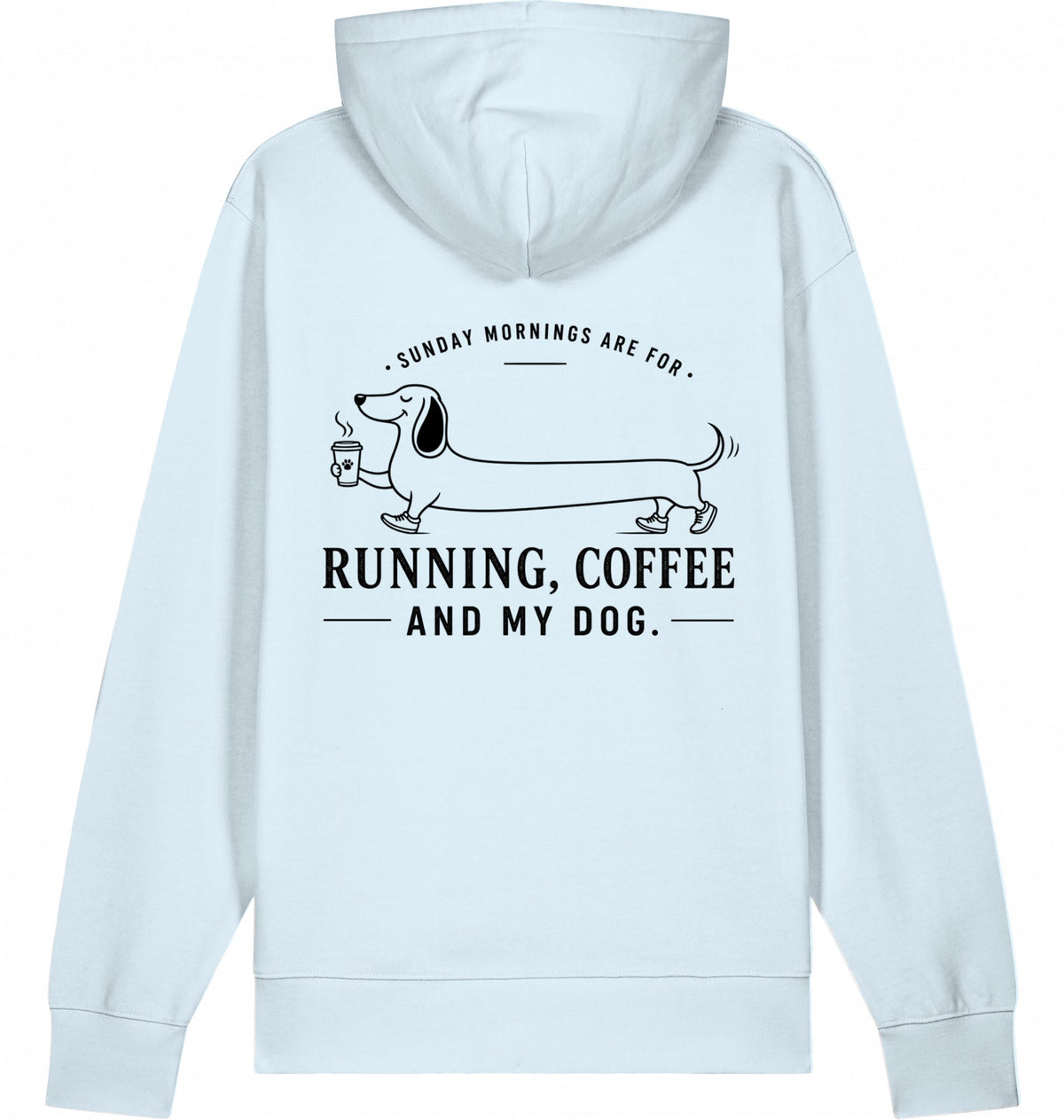 DOGS. COFFEE. RUNNING Hoodie – Organic Trail Running Hoodie (Black Print) - Flat Mockup
