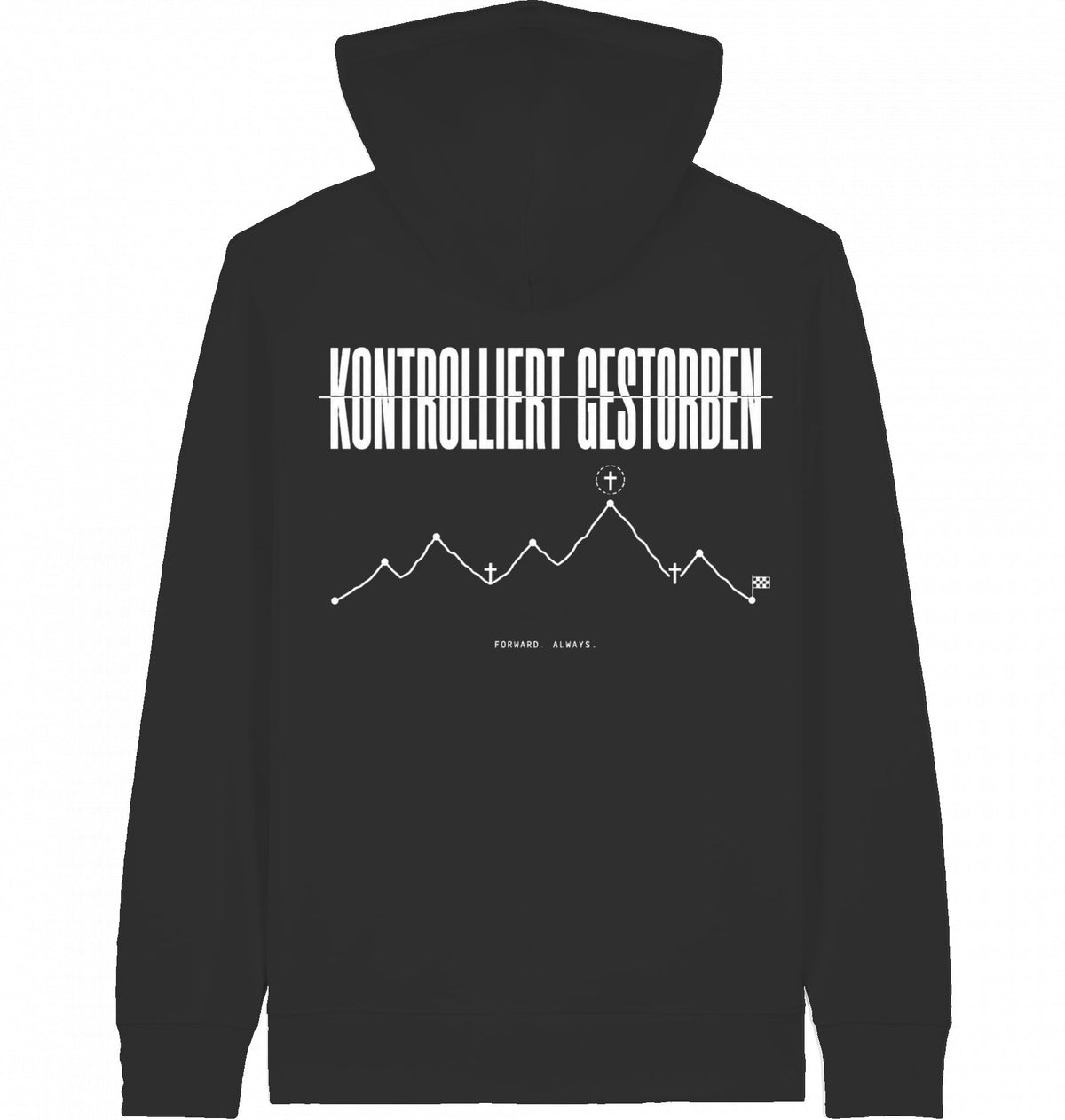 MILES UNDER PROTEST - 'Kontrolliert Gestorben' Organic Zip Hoodie (White Print) - Flat Mockup