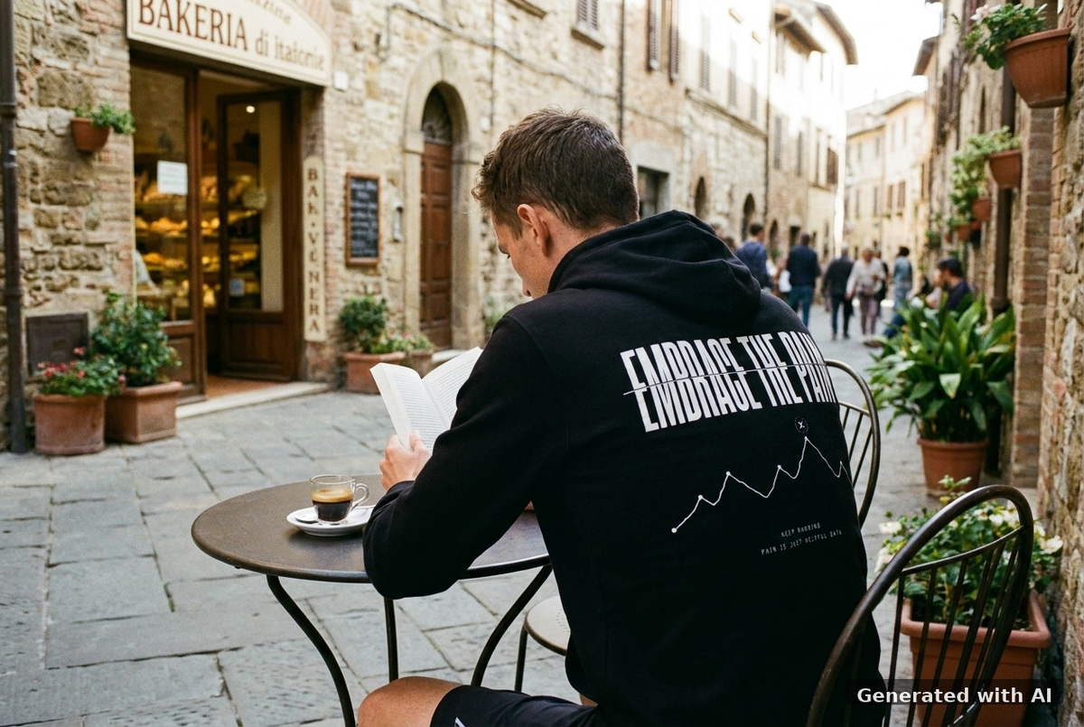 EMBRACE THE PAIN Zip Hoodie – Organic Zip-Through Hoodie (White Print) - Off_Duty Mockup (Back) [Black]