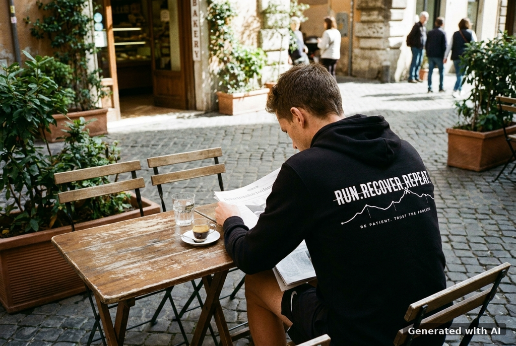 RUN RECOVER REPEAT Organic Zip Hoodie (White Print) - Off_Duty Mockup (Back) [Black]