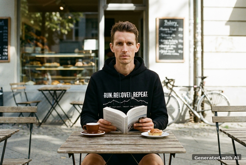 RUN RECOVER REPEAT Organic Trail Running Hoodie (White Print) - Off_Duty Mockup (Front) [Black]