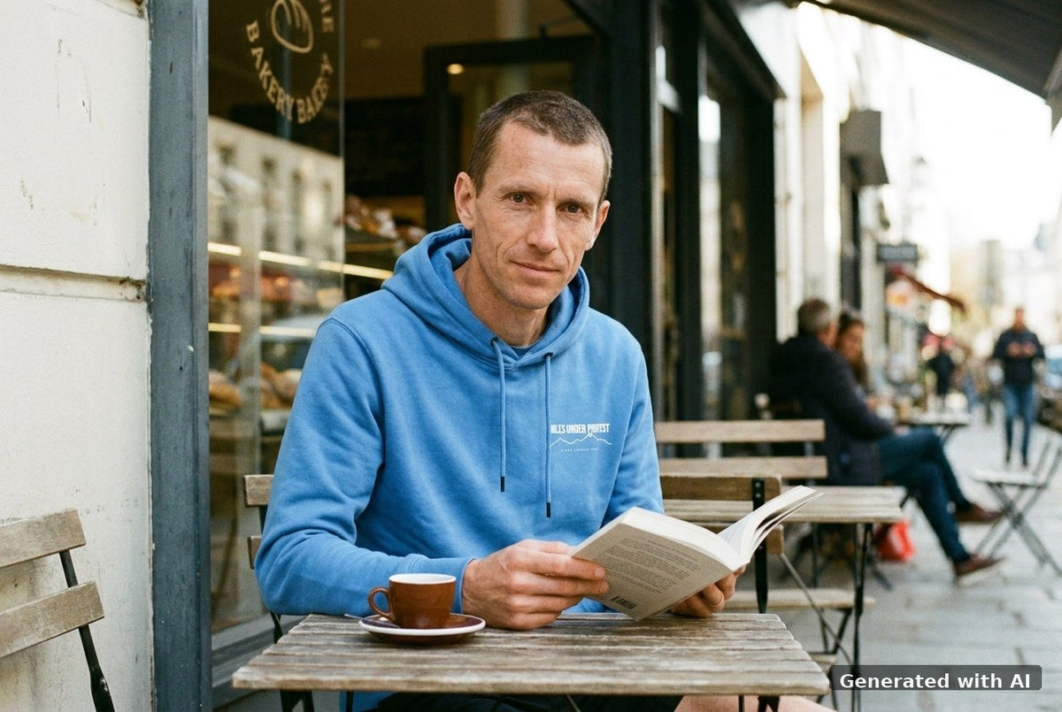 DOGS. COFFEE. RUNNING Hoodie – Organic Trail Running Hoodie (White Print) - Off_Duty Mockup (Front) [Bright Blue]