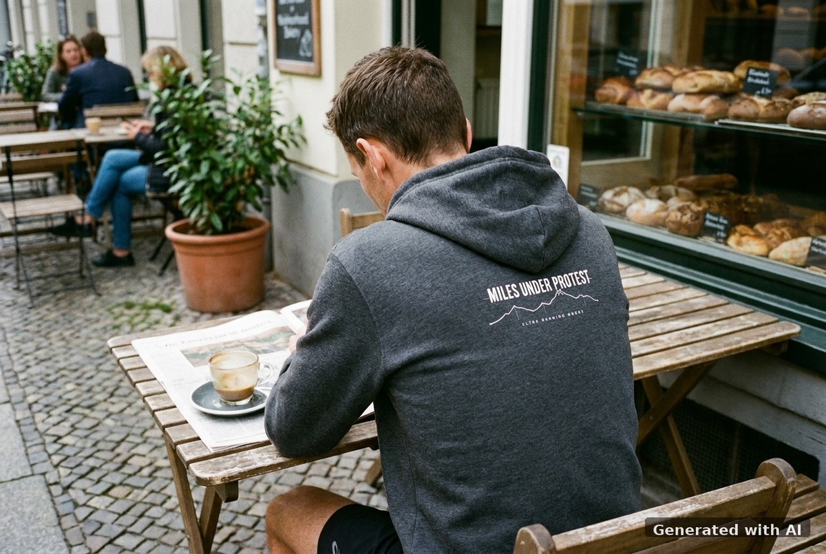 KONTROLLIERT GESTORBEN Organic Trail Running Hoodie - White Print - Off_Duty Mockup (Back) [Dark Heather Grey]