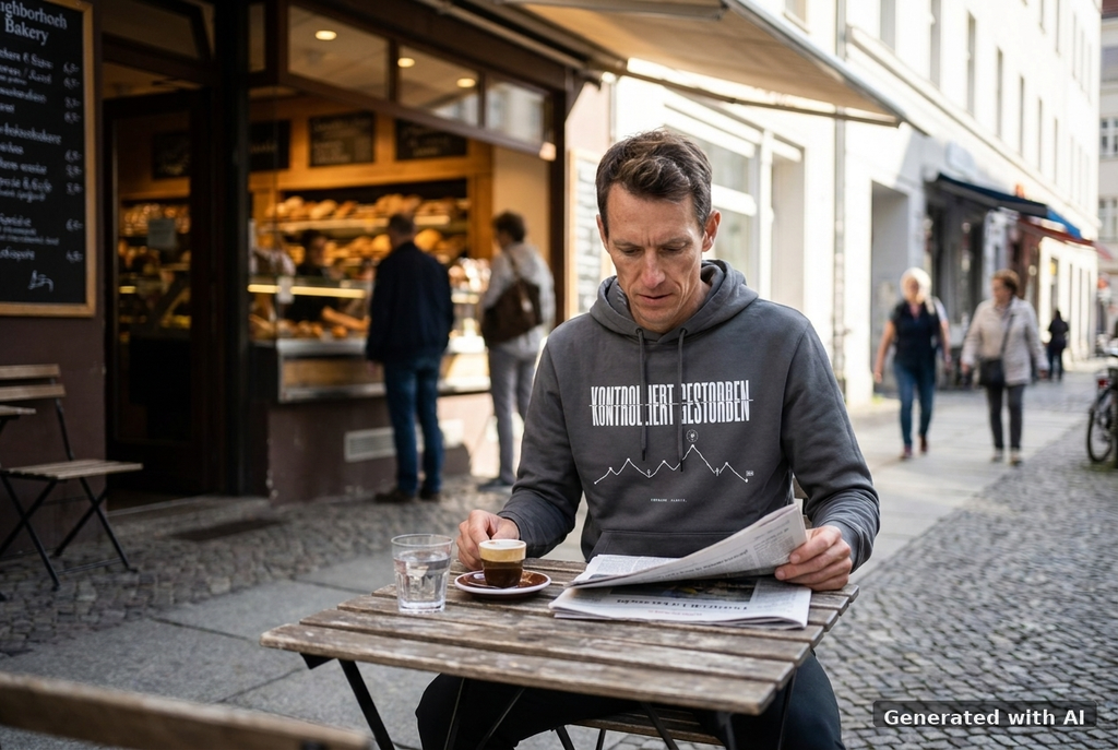KONTROLLIERT GESTORBEN Organic Trail Running Hoodie - White Print - Off_Duty Mockup (Front) [Dark Heather Grey]