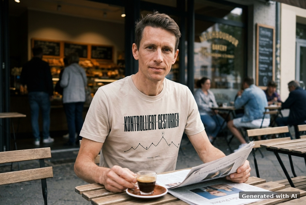KONTROLLIERT GESTORBEN Organic Trail Running Tee - Black Print - Off_Duty Mockup (Front) [Desert Dust]