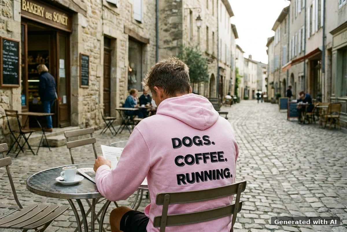 DOGS. COFFEE. RUNNING Hoodie – Organic Trail Running Hoodie (Black Print) - Off_Duty Mockup (Back) [Lilac Dream]