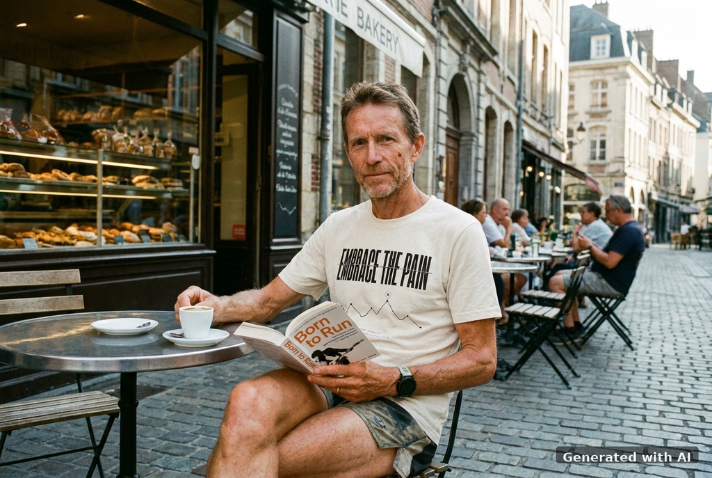 EMBRACE THE PAIN Tee – Organic Trail Running T-Shirt (Black Print) - Off_Duty Mockup (Front) [Natural Raw]