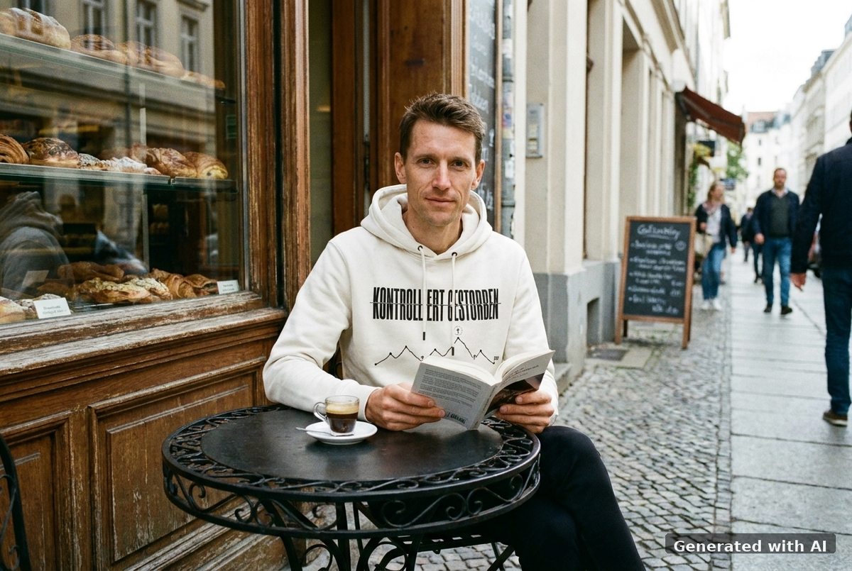 KONTROLLIERT GESTORBEN Organic Trail Running Hoodie - Black Print - Off_Duty Mockup (Front) [Off White]