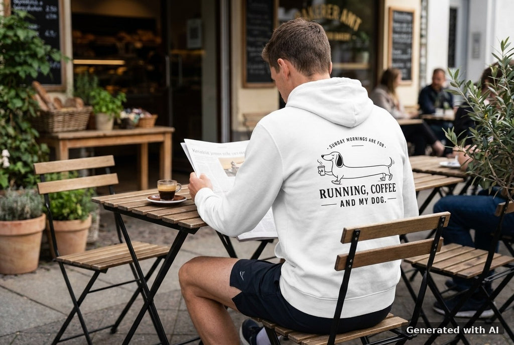 DOGS. COFFEE. RUNNING Hoodie – Organic Trail Running Hoodie (Black Print) - Off_Duty Mockup (Back) [White]