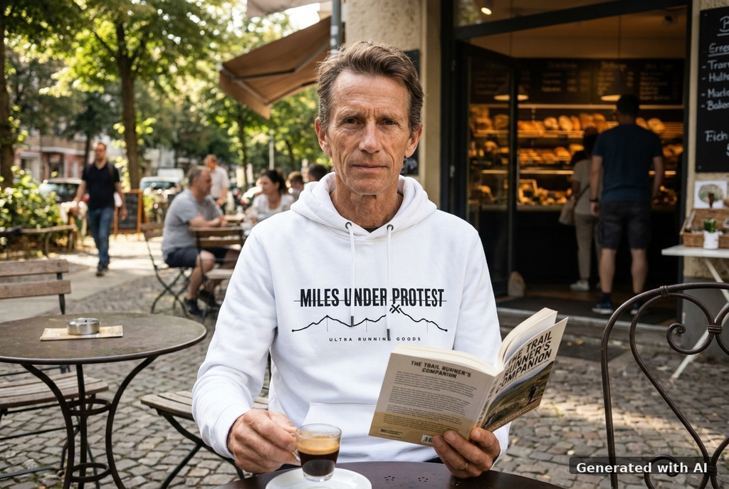 MILES UNDER PROTEST Hoodie – Organic Trail Running Hoodie (Black Print) - Off_Duty Mockup (Front) [White]