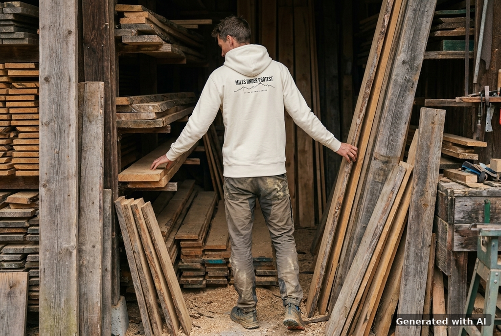RUN RECOVER REPEAT Hoodie – Organic Trail Running Hoodie (Black Print) - Off_Duty Mockup (Back) [Off White]