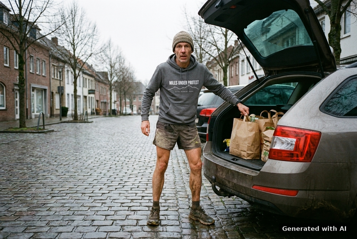 MILES UNDER PROTEST Organic Trail Running Hoodie – White Print - Off_Duty Mockup (Front) [Dark Heather Grey]