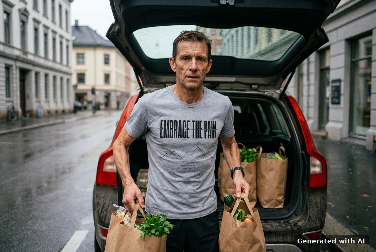 EMBRACE THE PAIN Tee – Organic Trail Running T-Shirt (Black Print) - Off_Duty Mockup (Front) [Mid Heather Grey]