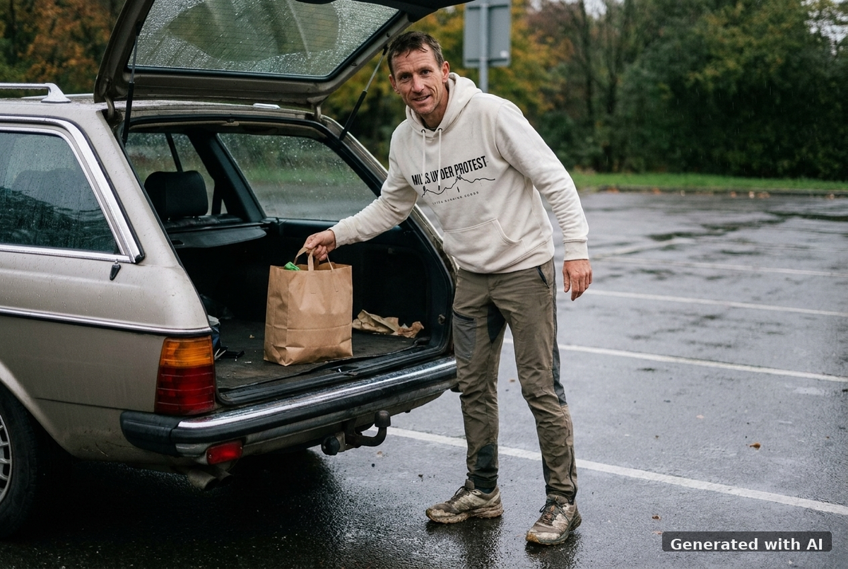 MILES UNDER PROTEST Hoodie – Organic Trail Running Hoodie (Black Print) - Off_Duty Mockup (Front) [Off White]