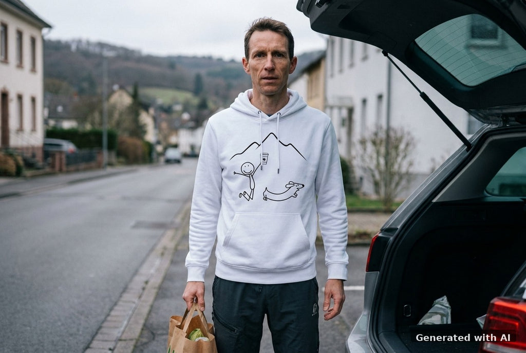 DOGS. COFFEE. RUNNING Hoodie – Organic Trail Running Hoodie (Black Print) - Off_Duty Mockup (Front) [White]