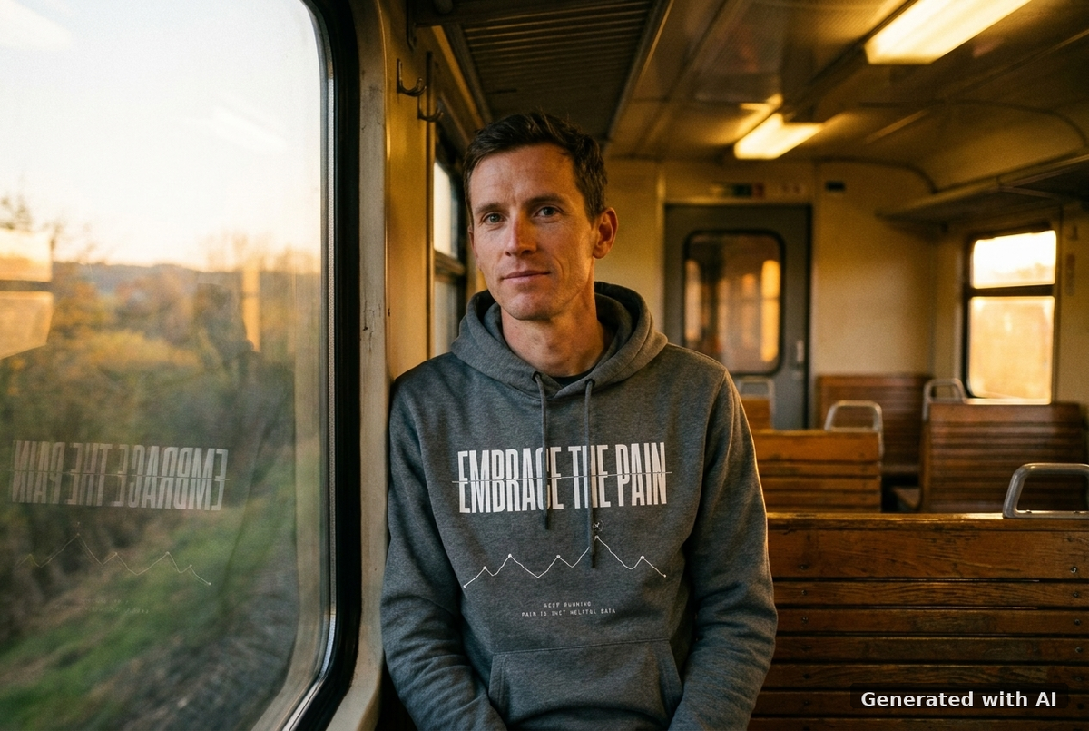 EMBRACE THE PAIN Hoodie – Organic Trail Running Hoodie (White Print) - Off_Duty Mockup (Front) [Dark Heather Grey]