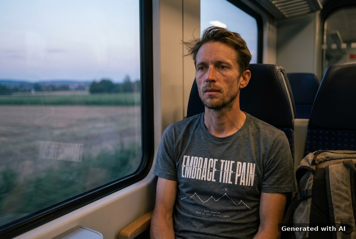 EMBRACE THE PAIN Tee – Organic Trail Running T-Shirt (White Print) - Off_Duty Mockup (Front) [Dark Heather Grey]