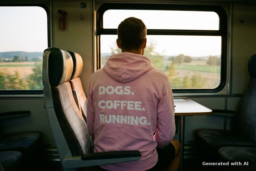 DOGS. COFFEE. RUNNING Hoodie – Organic Trail Running Hoodie (White Print) - Off_Duty Mockup (Back) [Lilac Dream]