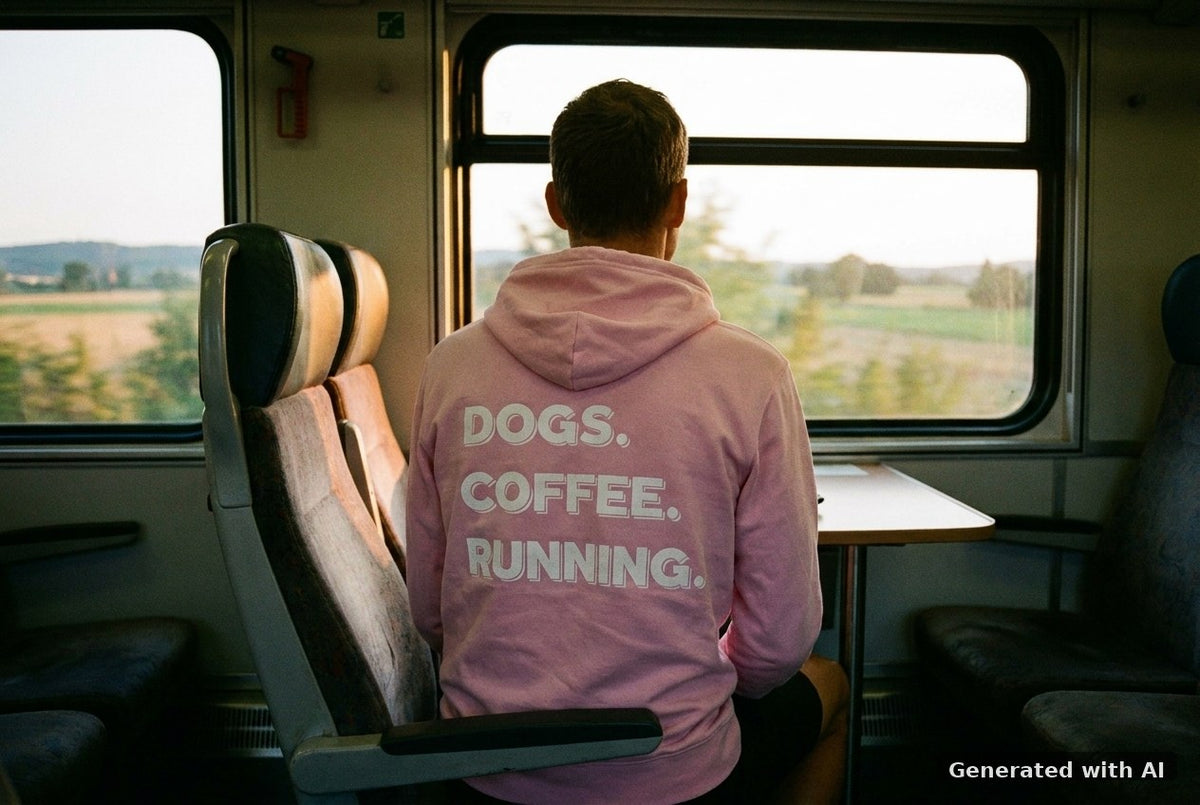 DOGS. COFFEE. RUNNING Hoodie – Organic Trail Running Hoodie (White Print) - Off_Duty Mockup (Back) [Lilac Dream]