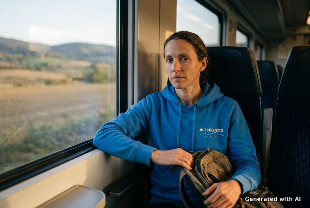 DOGS. COFFEE. RUNNING Hoodie – Organic Trail Running Hoodie (White Print) - Off_Duty Mockup (Front) [Mindful Blue]