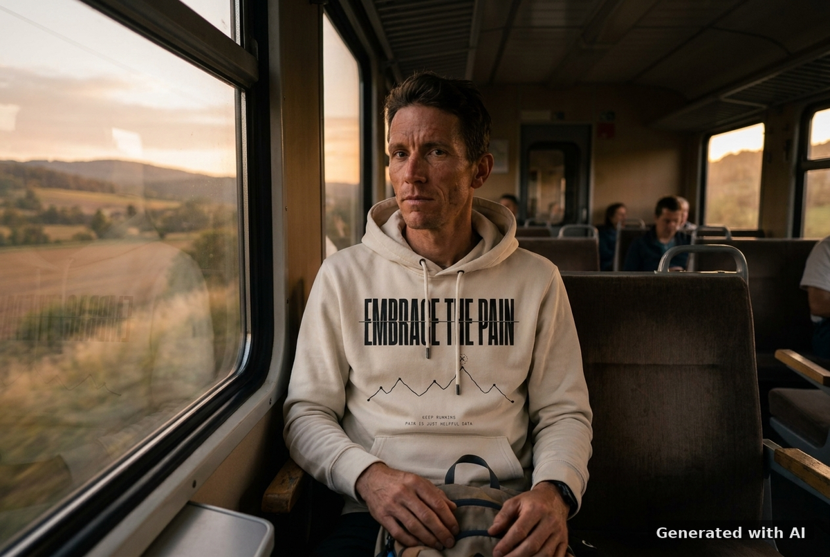 EMBRACE THE PAIN Hoodie – Organic Trail Running Hoodie (Black Print) - Off_Duty Mockup (Front) [Off White]