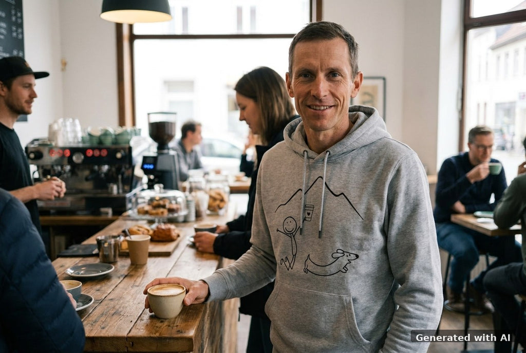 DOGS. COFFEE. RUNNING Hoodie – Organic Trail Running Hoodie (Black Print) - Off_Duty Mockup (Front) [Heather Grey]