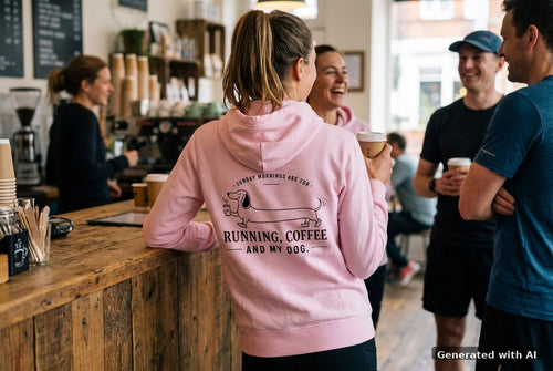DOGS. COFFEE. RUNNING Hoodie – Organic Trail Running Hoodie (Black Print) - Off_Duty Mockup (Back) [Lilac Dream]