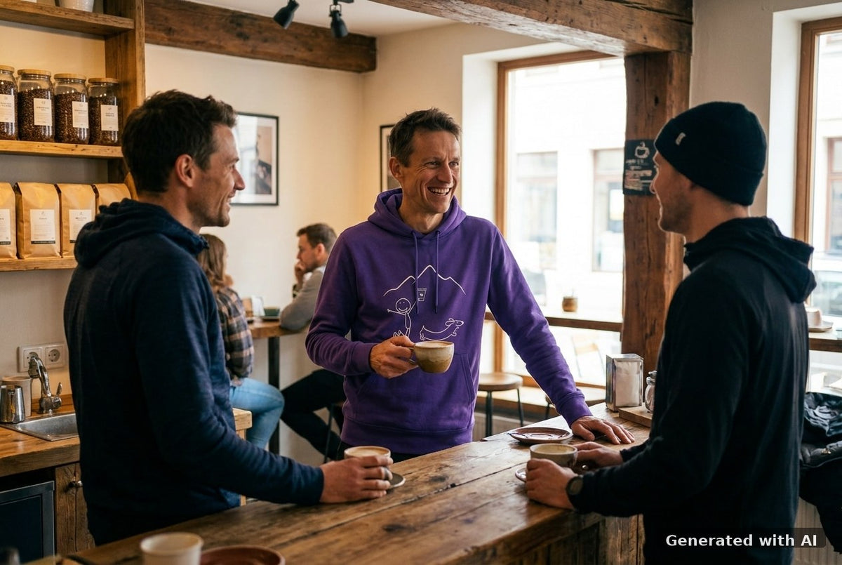 DOGS. COFFEE. RUNNING Hoodie – Organic Trail Running Hoodie (White Print) - Off_Duty Mockup (Front) [Purple Love]