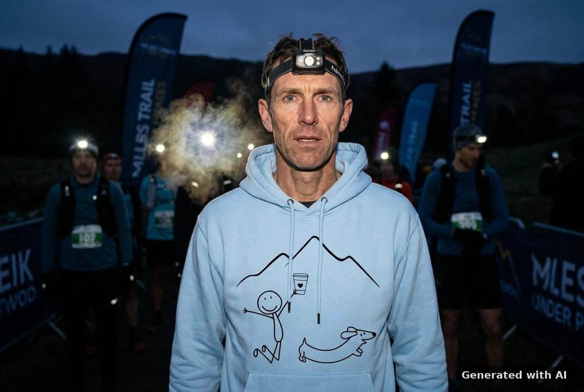 DOGS. COFFEE. RUNNING Hoodie – Organic Trail Running Hoodie (Black Print) - Trail Mockup (Front) [Blue Soul]