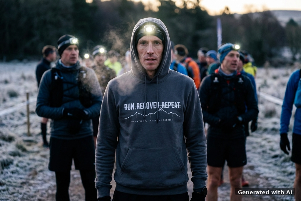 RUN RECOVER REPEAT Organic Trail Running Hoodie (White Print) - Trail Mockup (Front) [Dark Heather Grey]