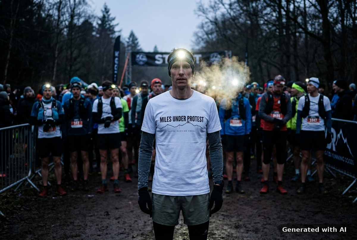 MILES UNDER PROTEST Tee – Organic Trail Running T-Shirt (Black Print) - Trail Mockup (Front) [White]