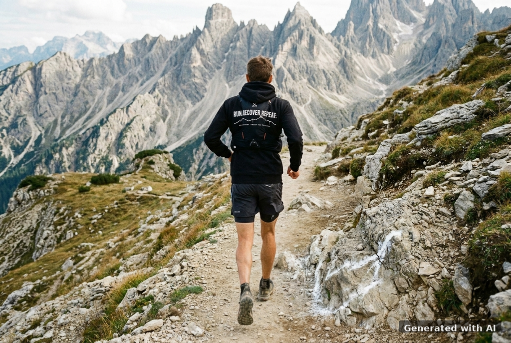 RUN RECOVER REPEAT Organic Zip Hoodie (White Print) - Trail Mockup (Back) [Black]