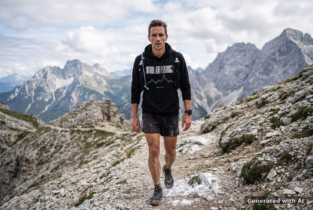 KONTROLLIERT GESTORBEN Organic Trail Running Hoodie - White Print - Trail Mockup (Front) [Black]