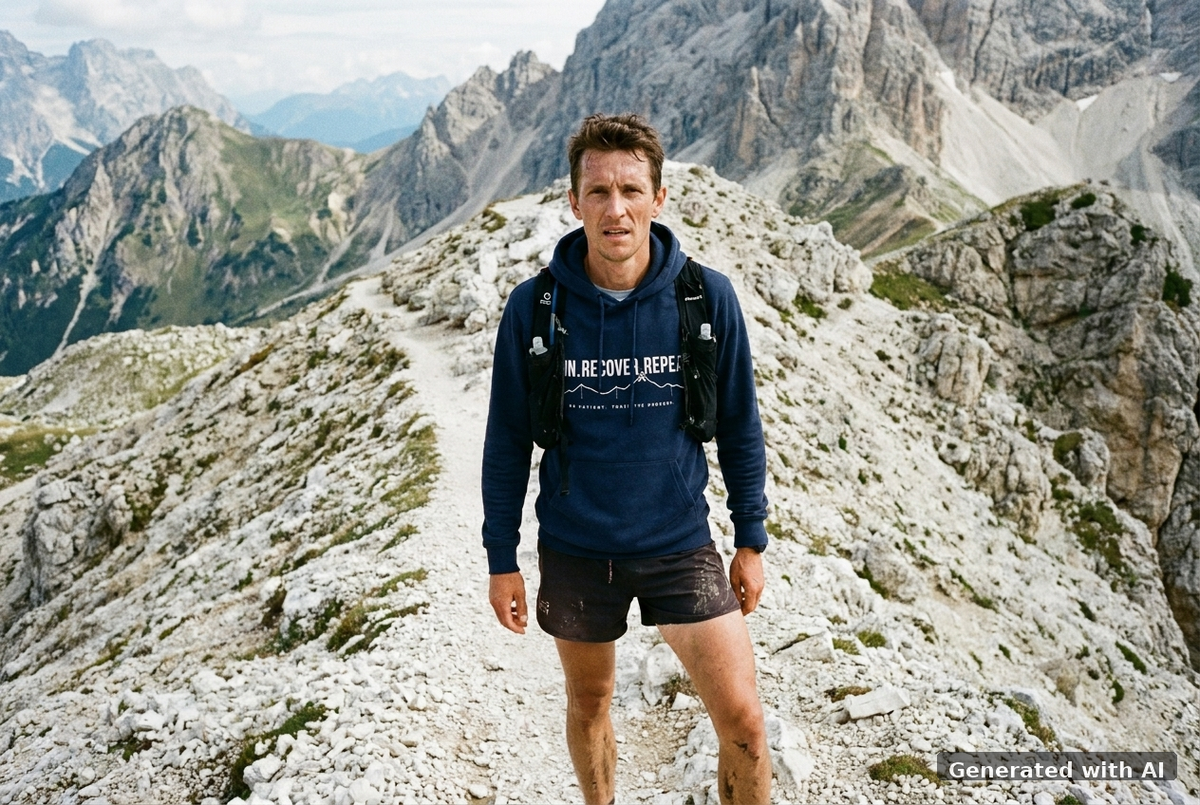 RUN RECOVER REPEAT Organic Trail Running Hoodie (White Print) - Trail Mockup (Front) [French Navy]